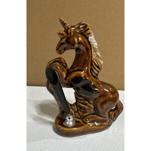 Vintage Ceramic Desktop Pen Holder Glossy Brown Rearing Unicorn Office Home Work